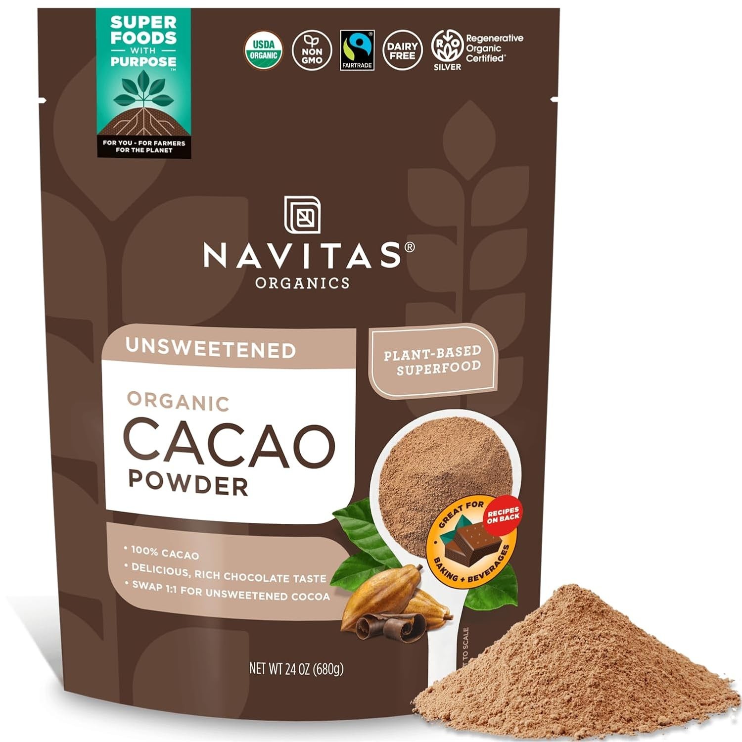 Navitas Organics Cacao Powder 24oz Organic Unsweetened Cocoa Superfood Baking