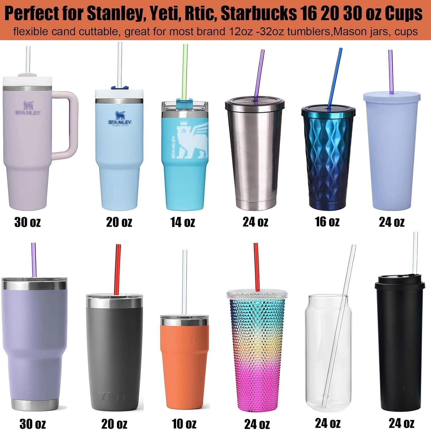 10.5 in Long Reusable Plastic Straws with Brush, Tritan Hard Plastic Tumbler Str