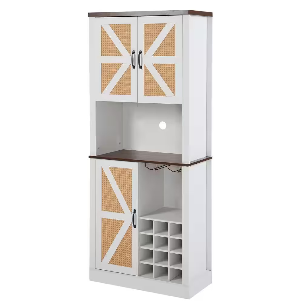 76 In. H Tall Farmhouse Kitchen Faux Rattan Wine Cabinet, Kitchen Bar Cabinet wi