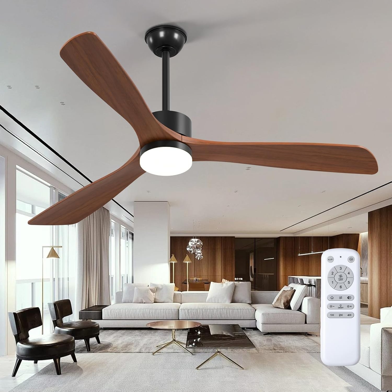 60″ Solid Wood Low Profile Ceiling Fan with Lights Remote Control 6 Speeds Quiet