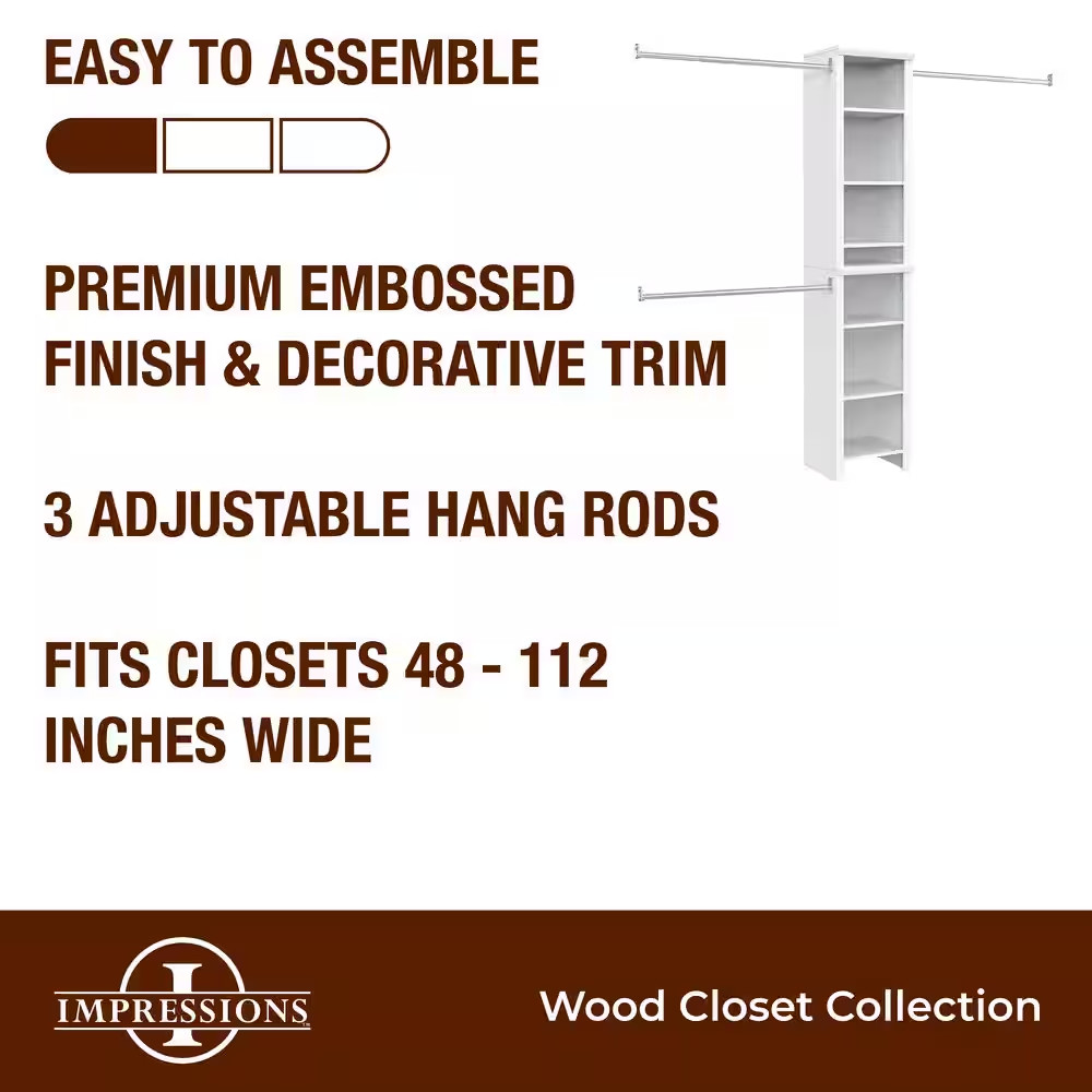 Impressions 48.97-112.97 In. W White Adjustable 14-Shelf Wood Closet System with
