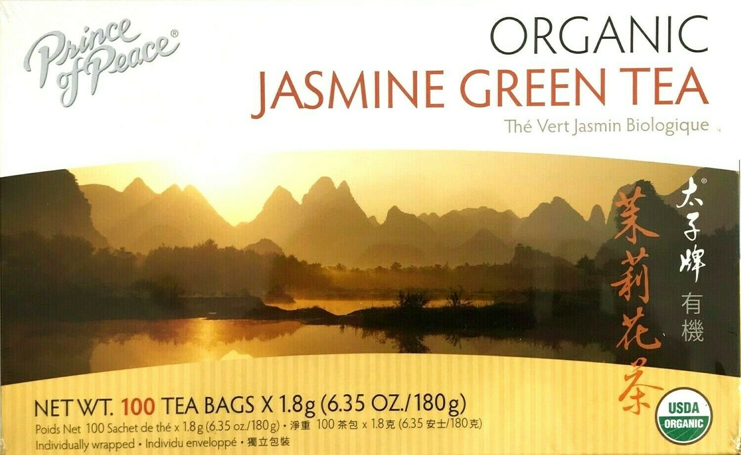 1 Box, Prince of Peace 100% Organic Jasmine Green Tea 6.35Oz/180g – 100 Tea Bags