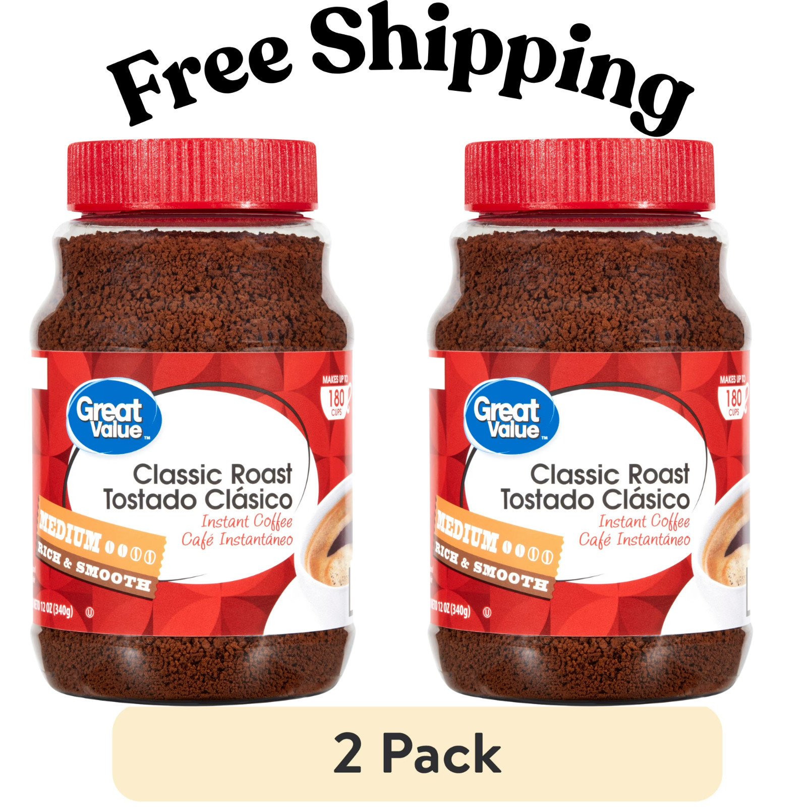 (PACK OF 2) Great Value Classic Medium Roast Instant Coffee, 12 oz