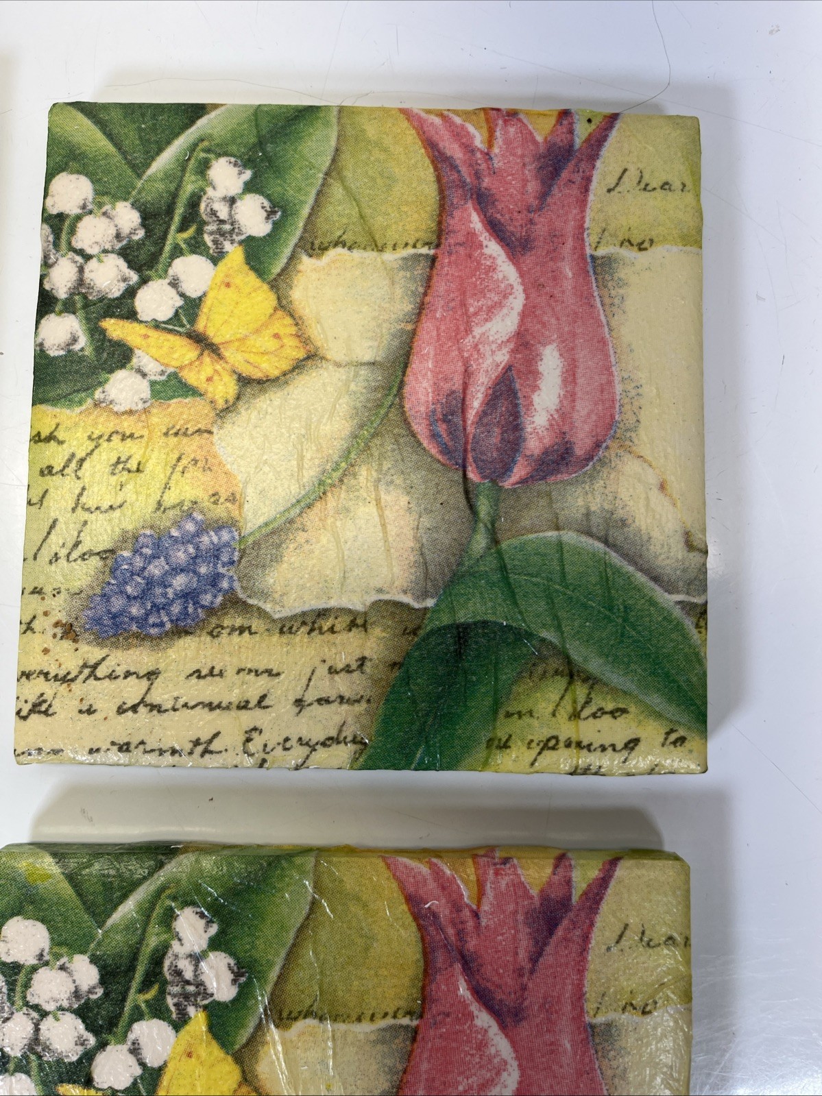 Set of 4 Ceramic Solid Coasters Flowers and Butterfly Fun Suare 4.25in