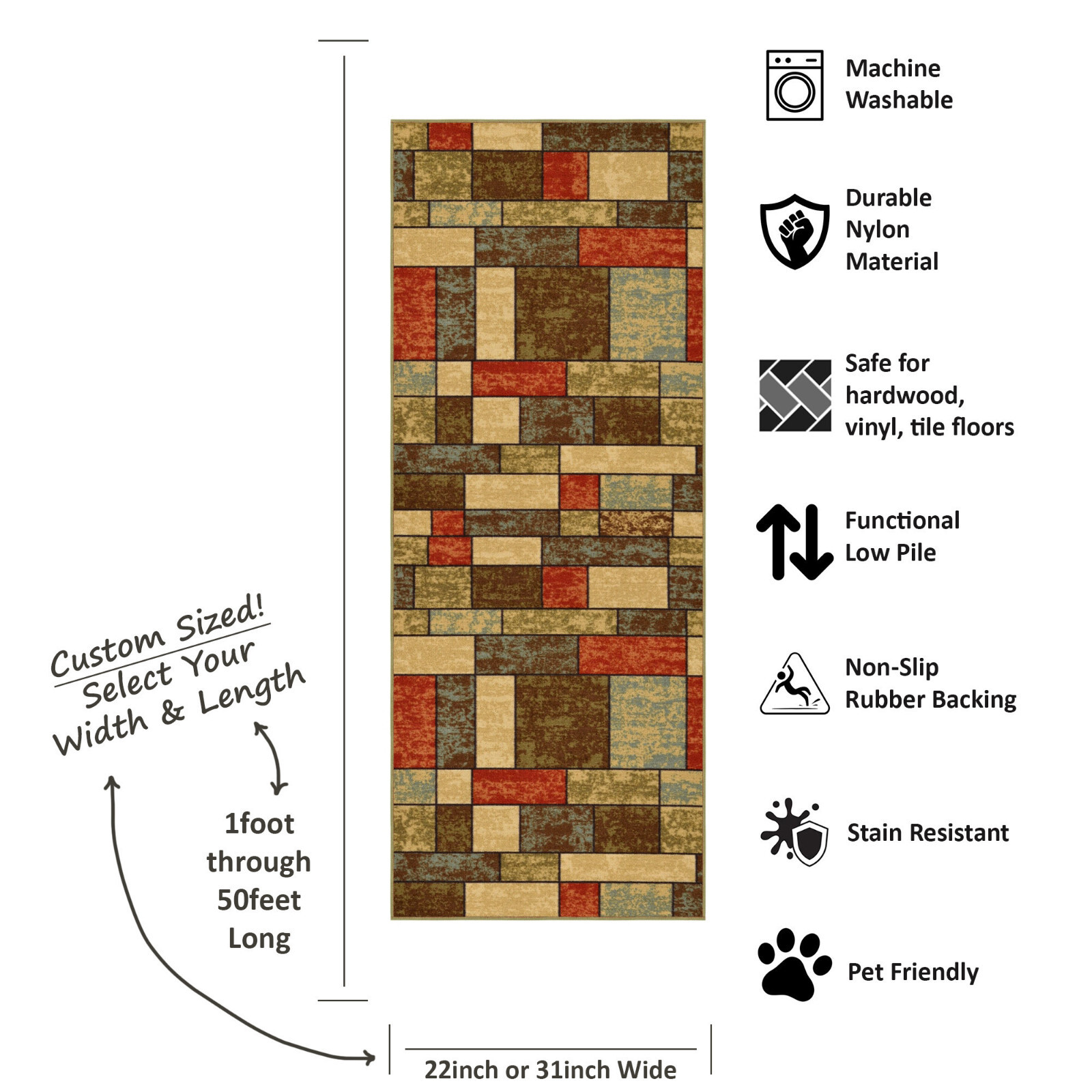 Custom Size Stair Hallway Runner Rug Non Slip Rubber Back Multicolor Tiles 3D