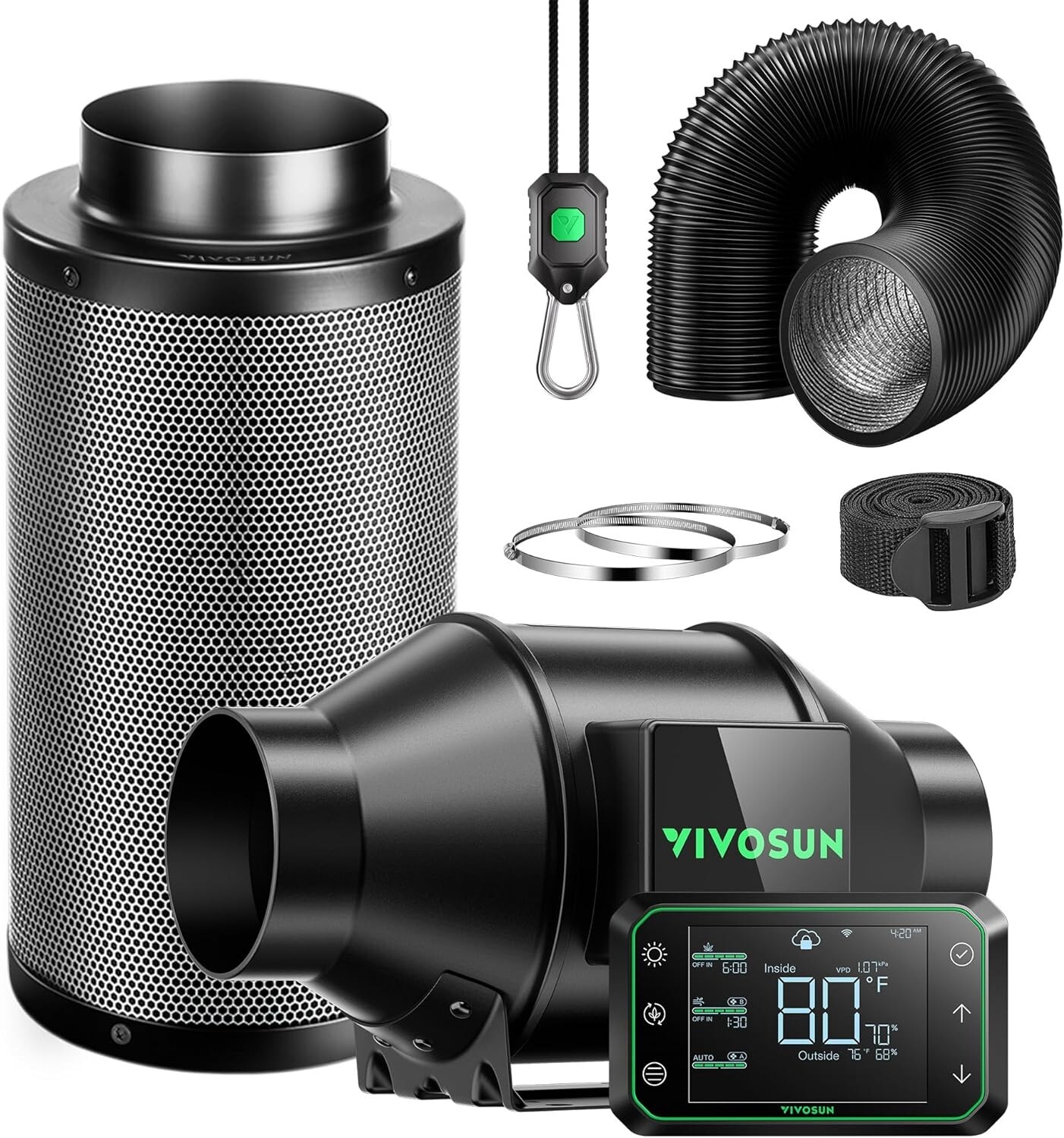 VIVOSUN AeroZesh G4 4” 195 CFM Inline Duct Fan w/E42A,Carbon Filter,8′ Ducting