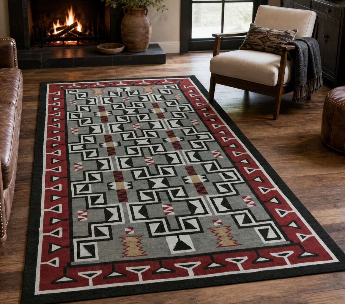 Native American Navajo Area Rug Handwoven Wool Gray Red Geometric Southwest Rug
