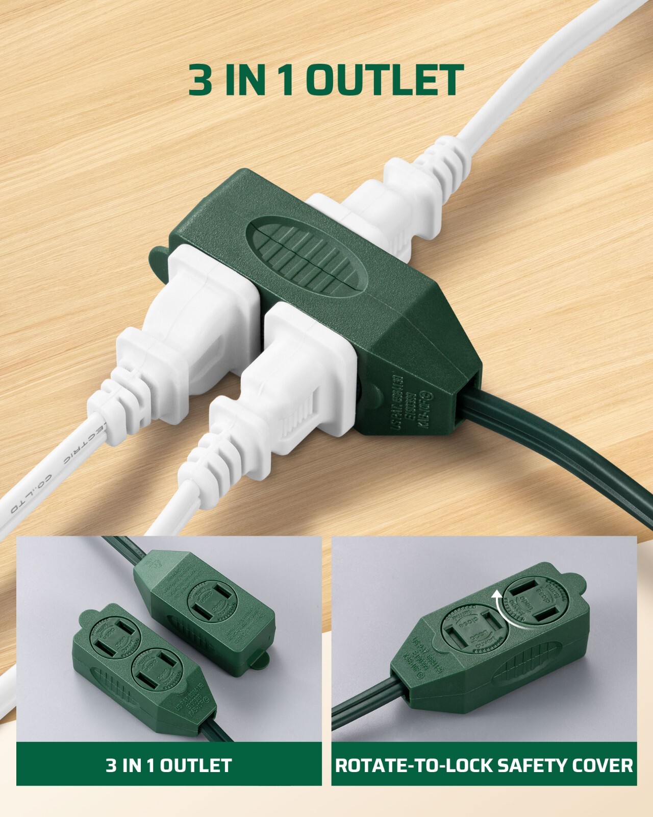 DEWENWILS 3-Pack 3 Ft Extension Cord with Multiple Outlets 2 Prong 16 AWG Green