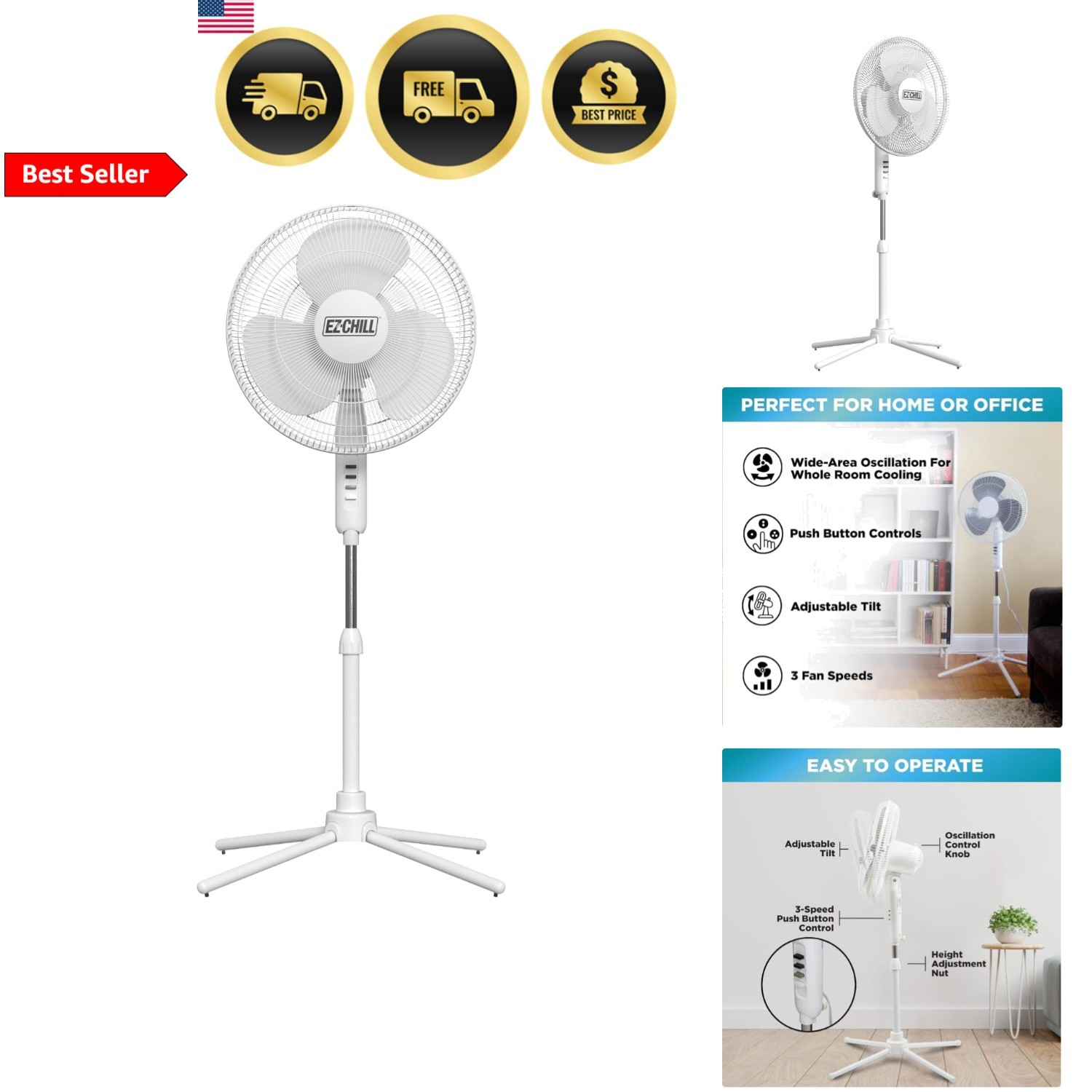 Oscillating Pedestal Fan 16 Inch Three-Speed Adjustable Height Tilt White