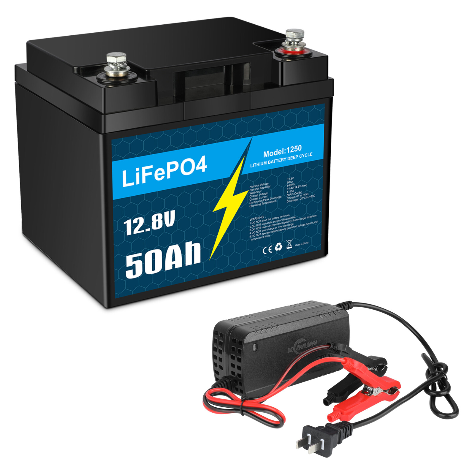 12V 50Ah LiFePO4 Lithium Battery with 5A Charger, Deep Cycle, for Trolling Motor