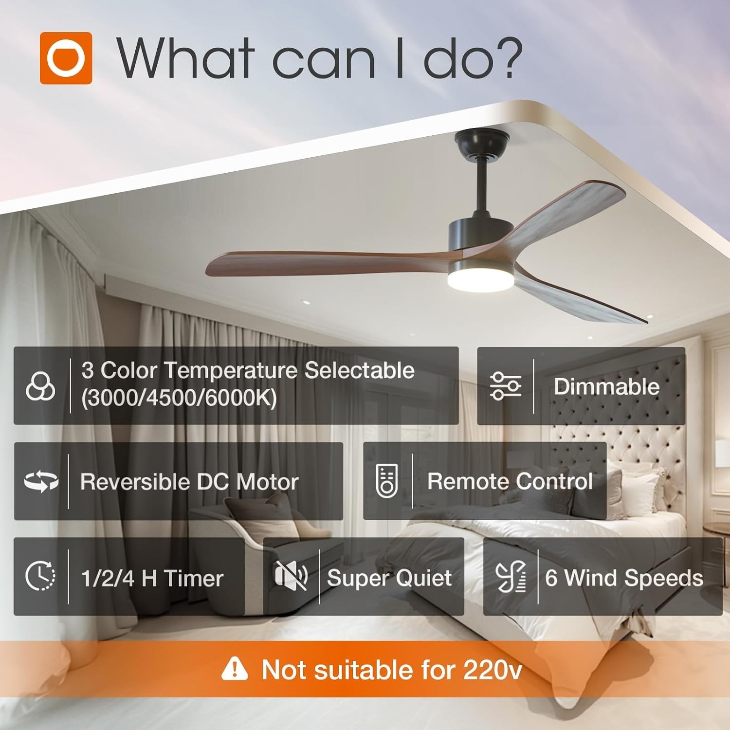 60″ Solid Wood Low Profile Ceiling Fan with Lights Remote Control 6 Speeds Quiet