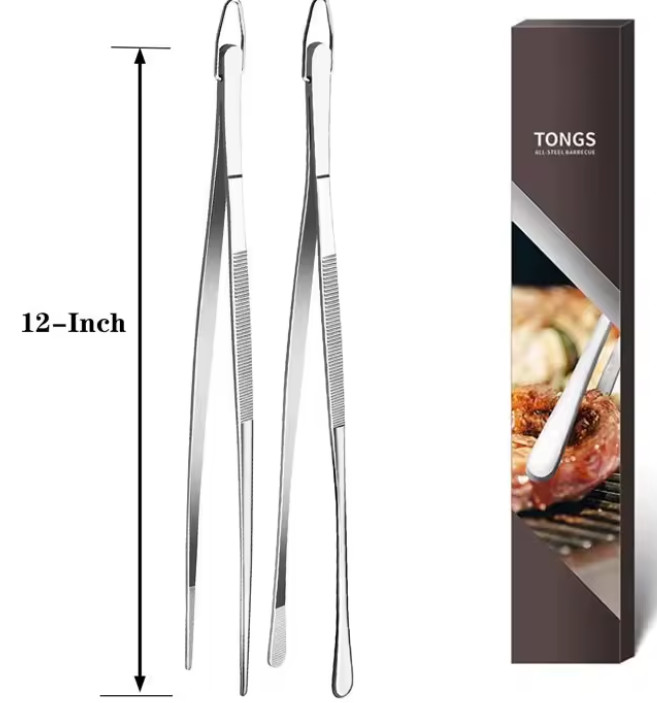 2pcs Stainless Steel Cooking Tweezer Tongs – 9.84 in & 11.81 in BBQ Kitchen Tool