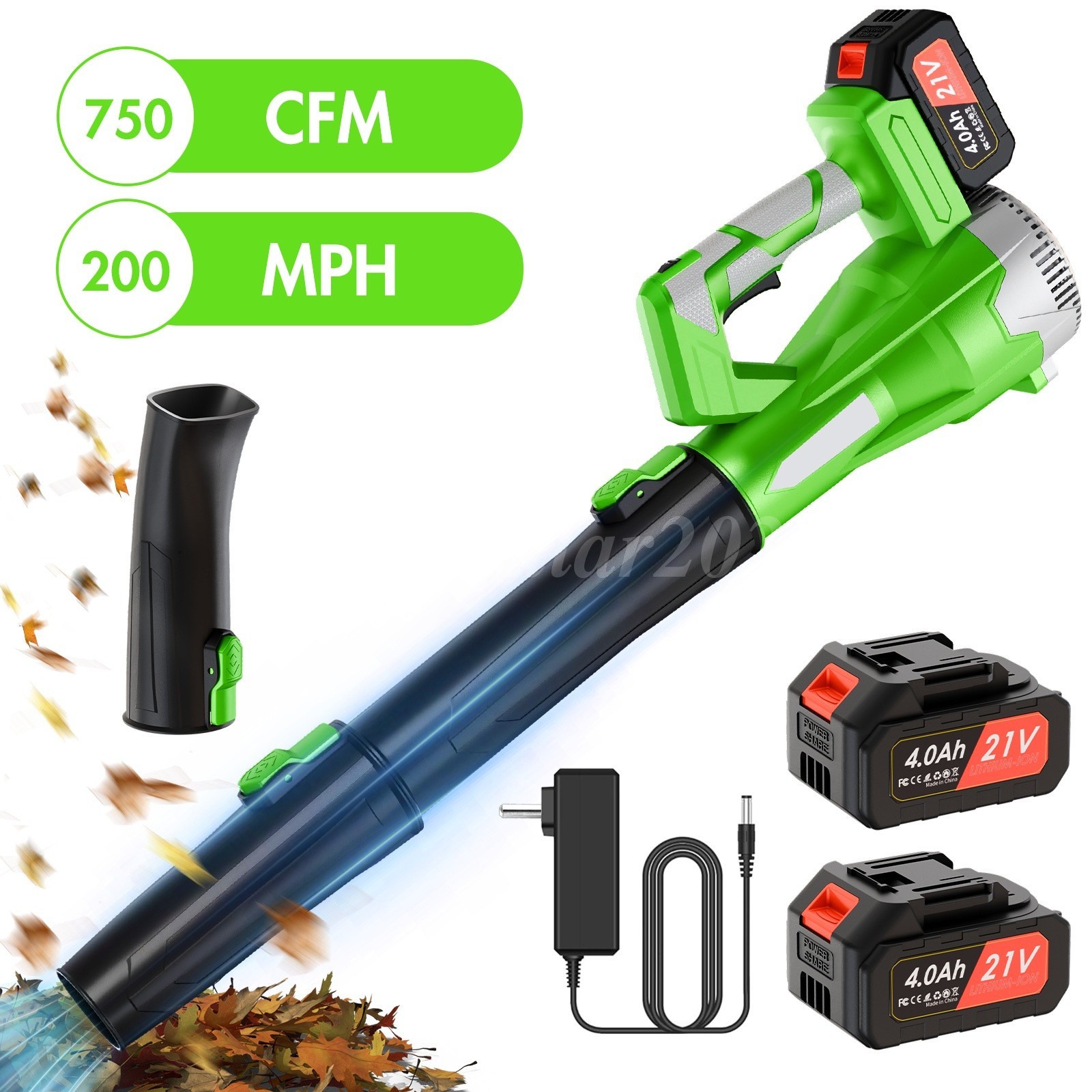 Cordless Leaf Blower 750CFM/200MPH & 6 Speed Levels Electric W/2 Batteries 4.0Ah