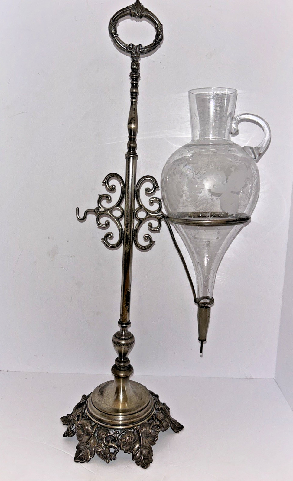 Vintage Wine Dispenser/Aerator – Etched Crystal – Iron & Silver Plate – Nice