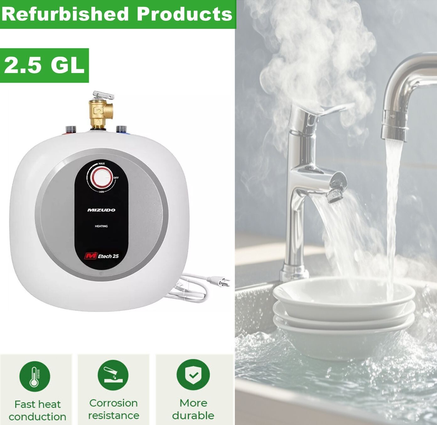 MIZUDO 2.5 Gallon Mini Tank Water Heater Electric 120V Wall/Floor Mounted -USED