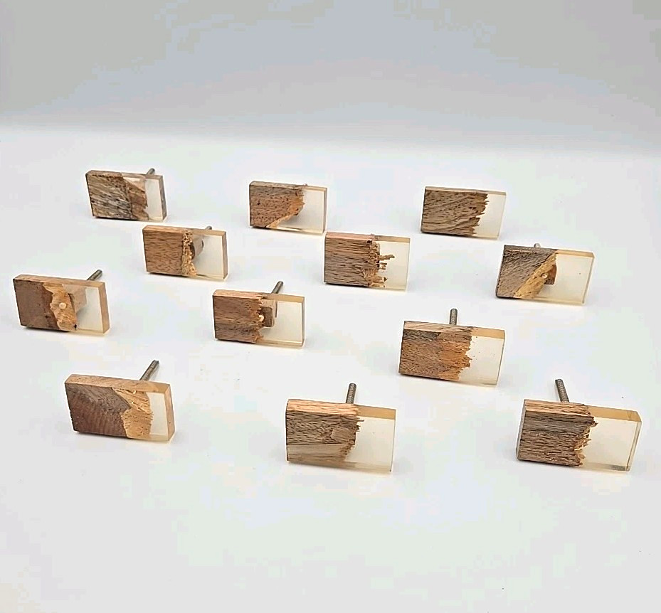 Modern Brutalist Wood & Resin Cabinet Drawer Knob set 12 Rectangular Shape READ