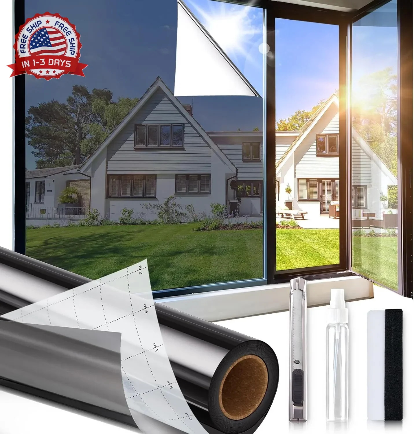 One Way Privacy Window Film,Sun Blocking Window Film with 3 Tools, Heat & UV Blo