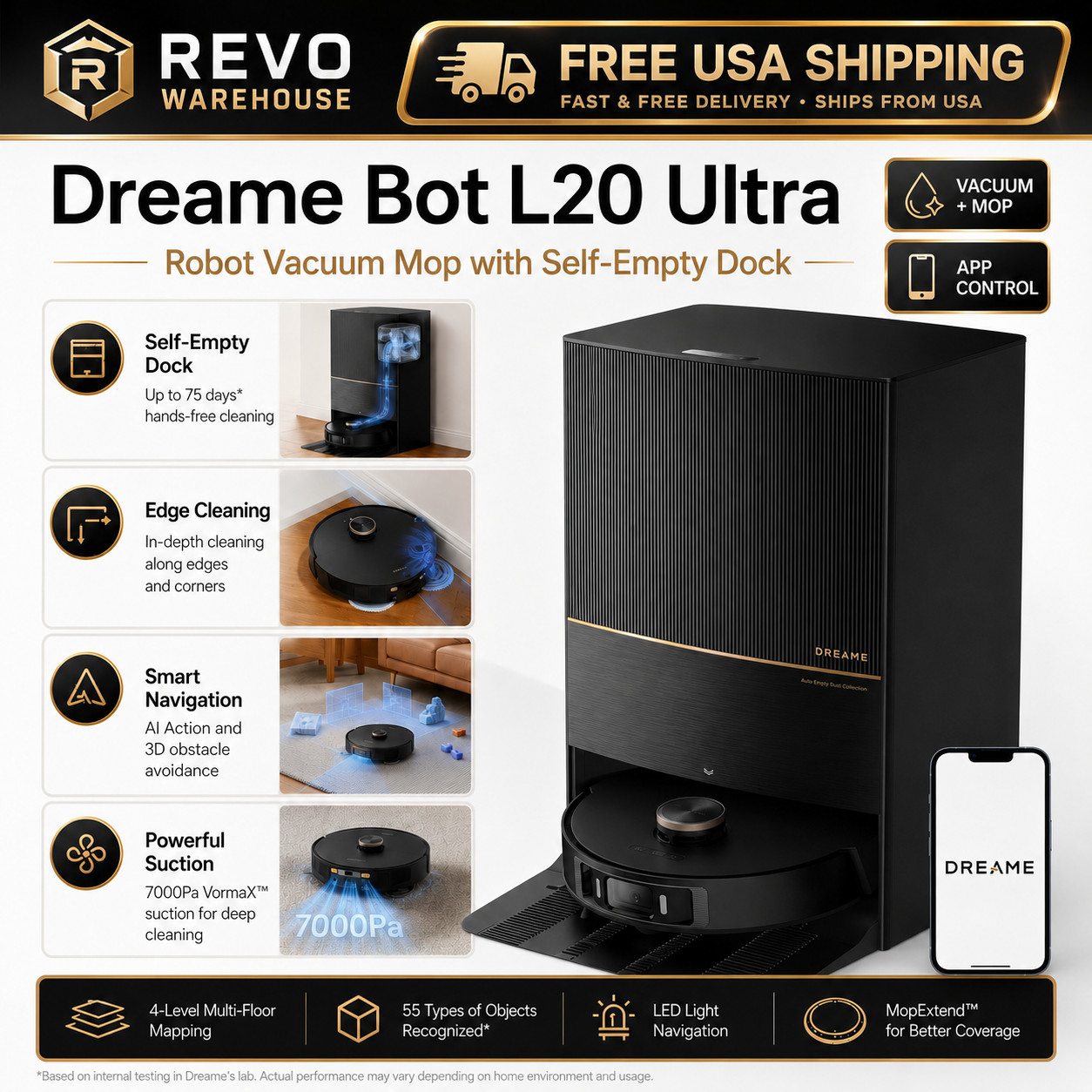 Dreame Bot L20 Ultra Robot Vacuum Mop Self Empty Dock Smart Navigation App Ctrl