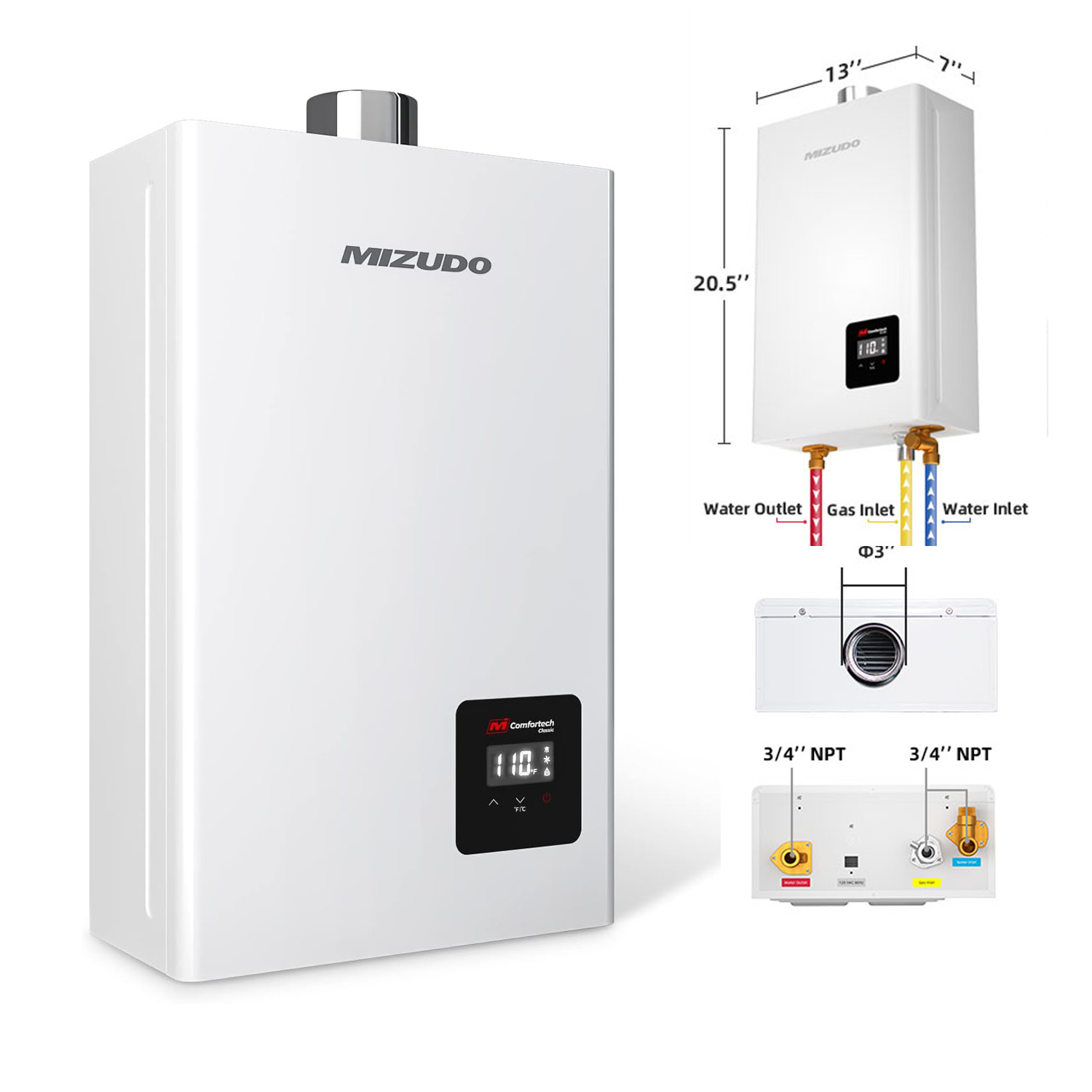 MIZUDO Natural Gas Tankless Water Heater 3.6 GPM, 80,000 BTU Instant Hot Water