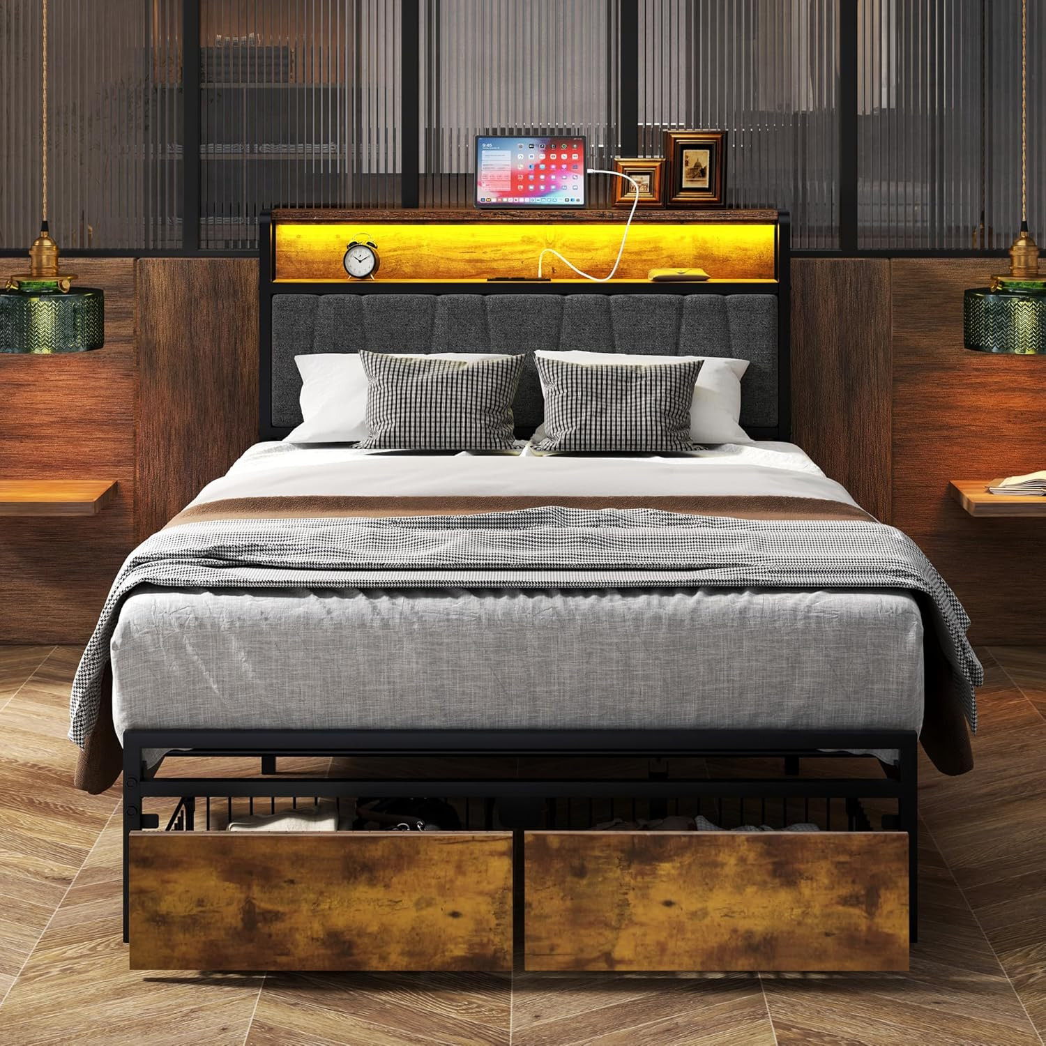 Twin Bed Frame with Storage Headboard & Charging Station, Easy Assembly