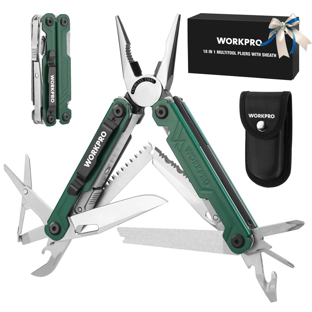 WORKPRO 18-in-1Stainless Steel Multi Tool Plier EDC Multitool 2Safety Lock Green