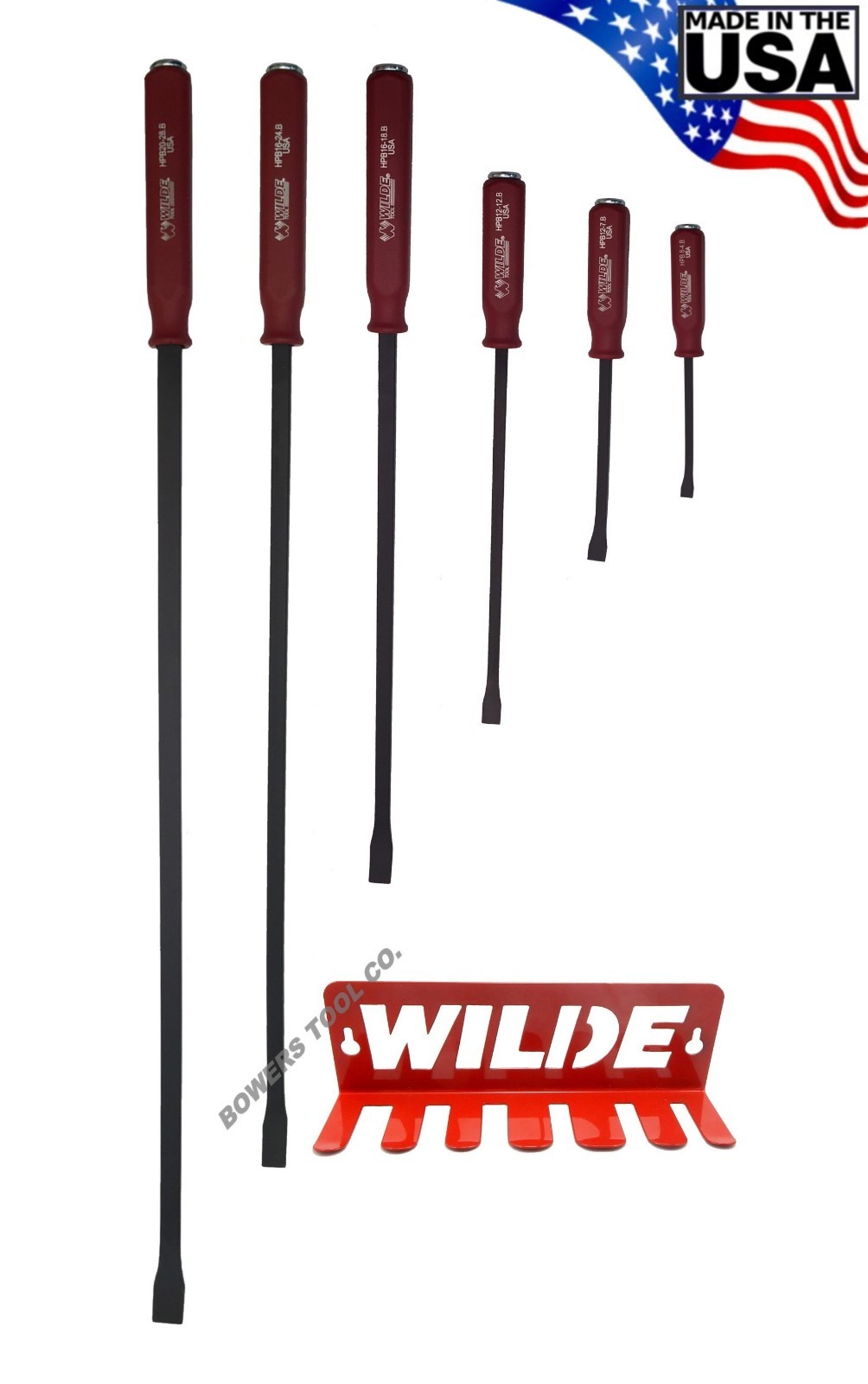 Wilde 6pc Pry Bar Set Hard Cap Hammer Strike Handle 8-36″ Steel Rack Made in USA