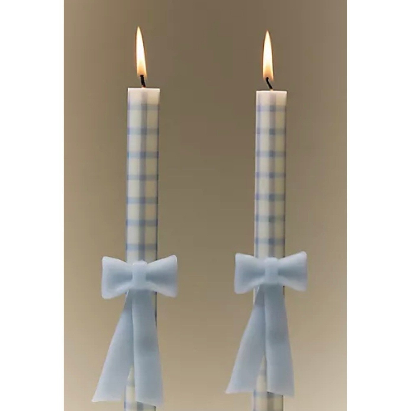 Anthropologie Blue Gingham Hand Sculpted Bow Taper Candles Set of 2 9.8in NEW