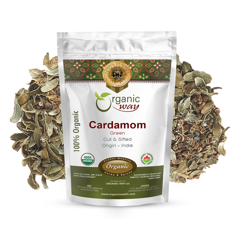 Organic Way Green Cardamom / Hari Elaichi Cut & Sifted – Kosher & USDA Certified
