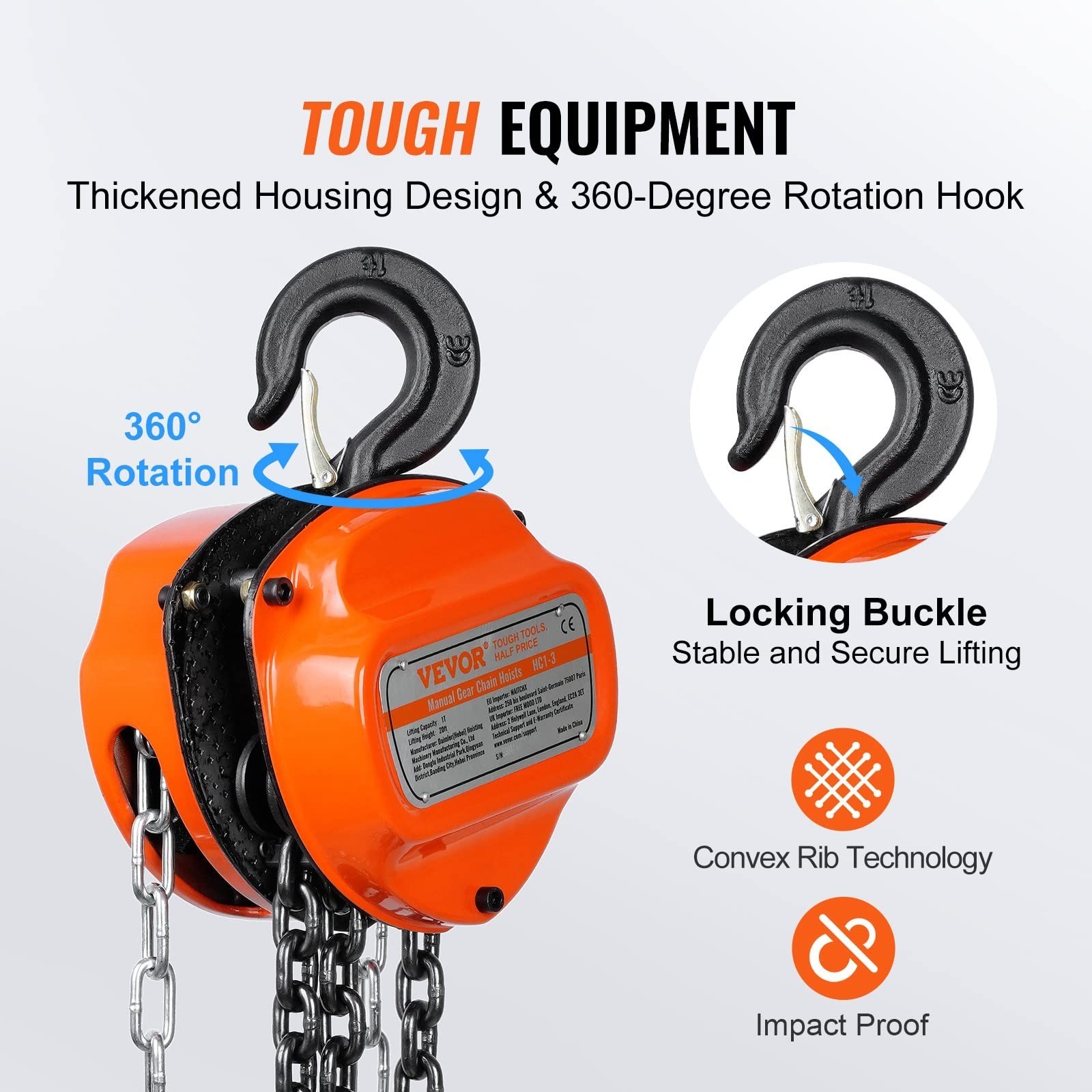 VEVOR Hand Chain Hoist 1 Ton 2200 lbs Capacity 20 FT G80 Steel