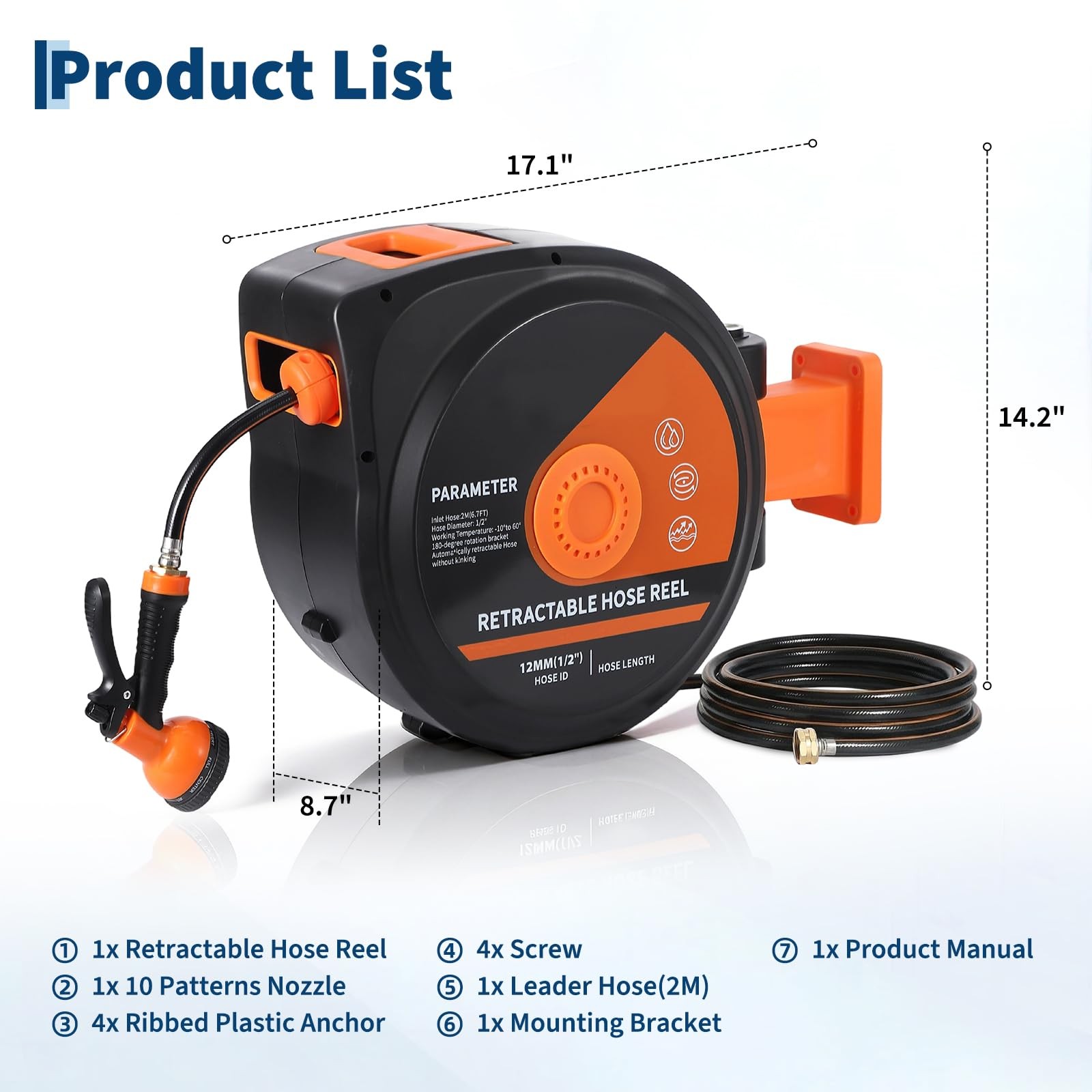 Retractable Garden Hose Reel 65/100/130 FT X 1/2 inch Water Hose Reel Wall-Mount