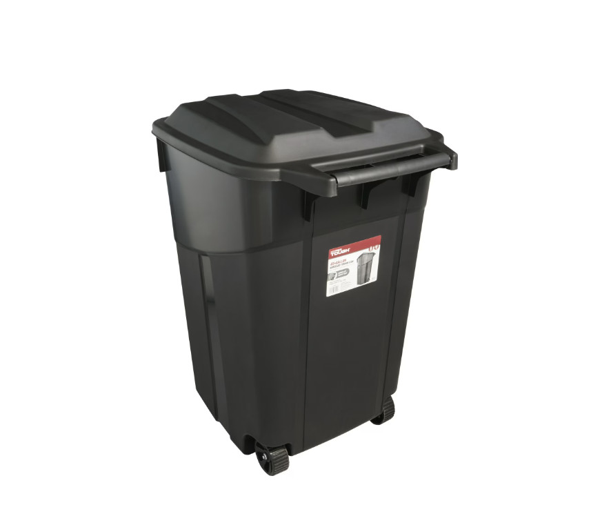 45 Gallon Wheeled Heavy Duty Plastic Garbage Can, Attached Lid, Black