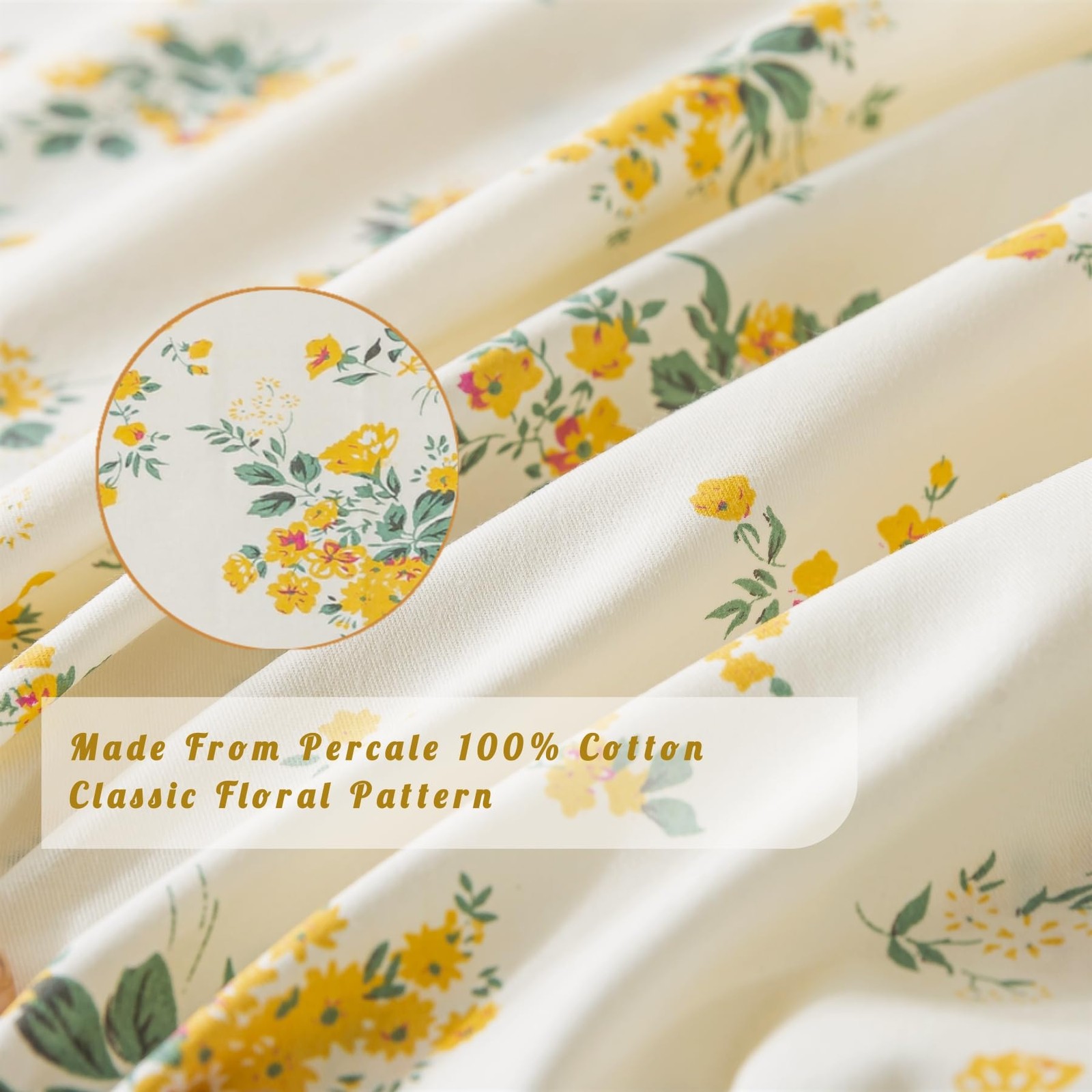 100% Cotton Percale Sheets for Size Bed – 14 Inches Deep King Yellow Floral