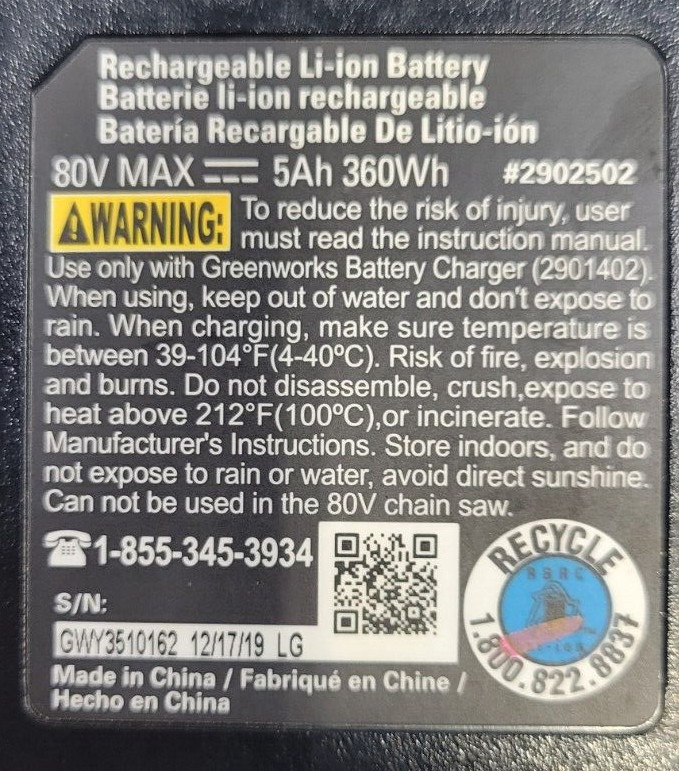 GreenWorks PRO 80 Volt 5 AH LITHIUM-ION BATTERY – 2902502