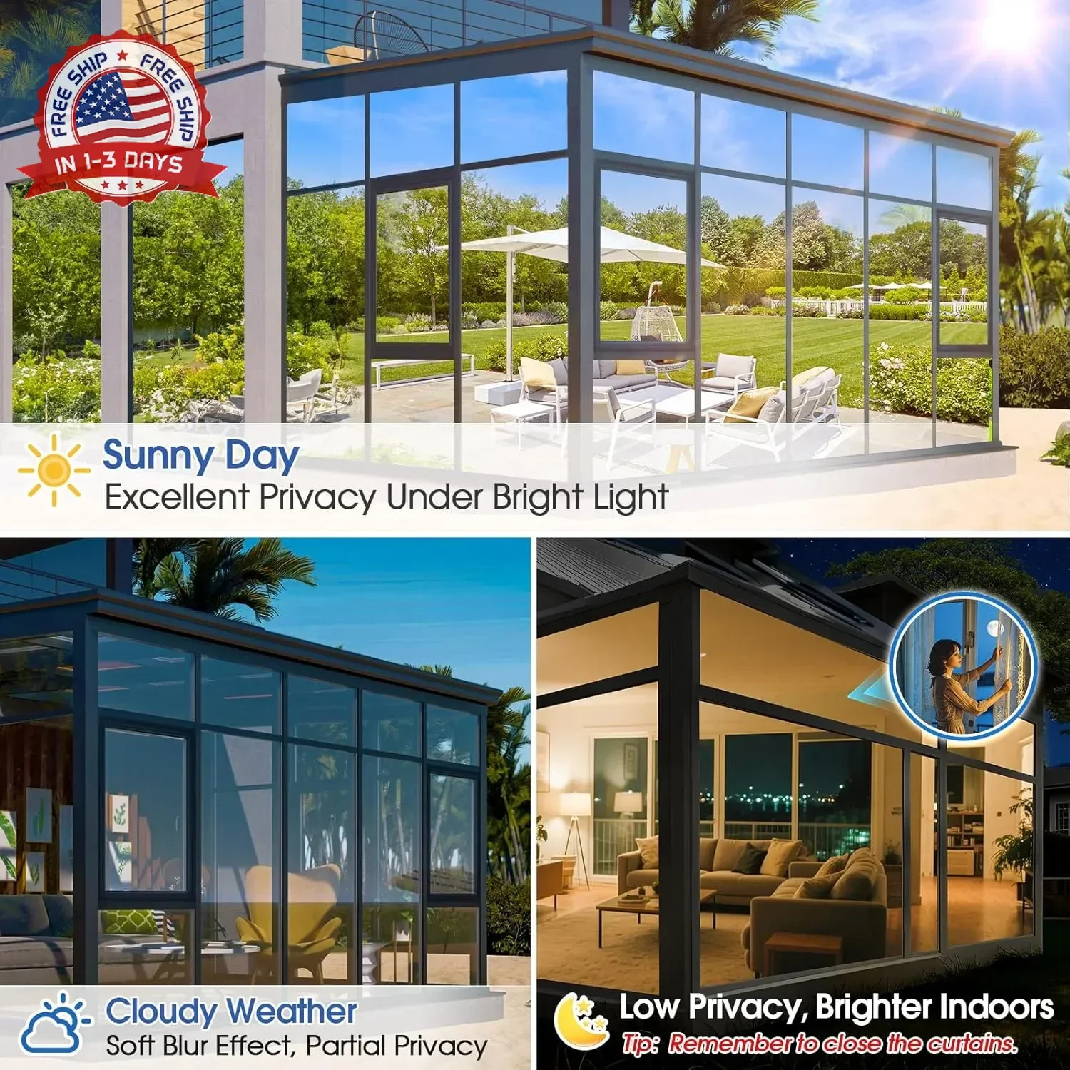 One Way Privacy Window Film,Sun Blocking Window Film with 3 Tools, Heat & UV Blo