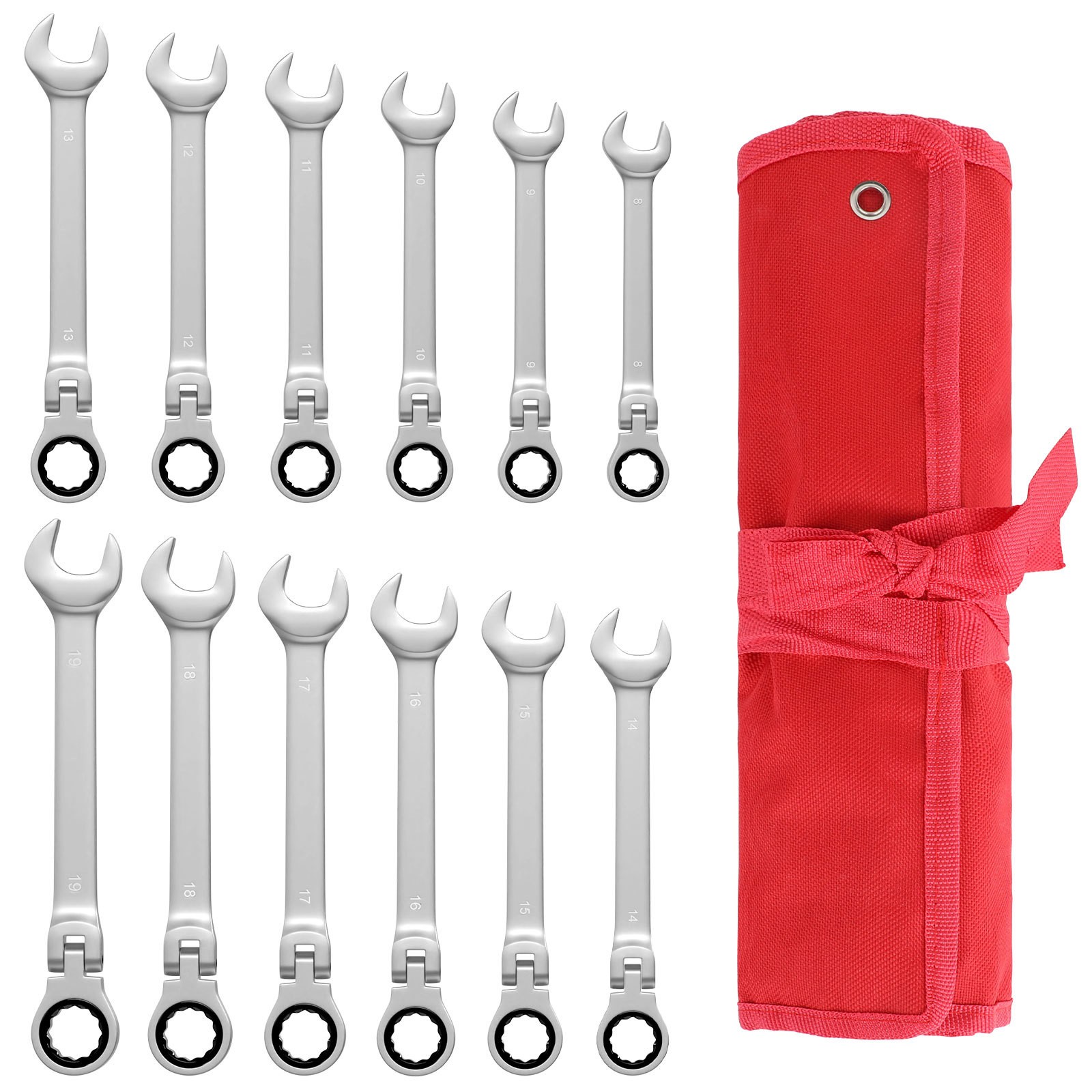 12Pc 8-19mm Metric Flexible Head Ratcheting Wrench Combination Spanner Tool Set