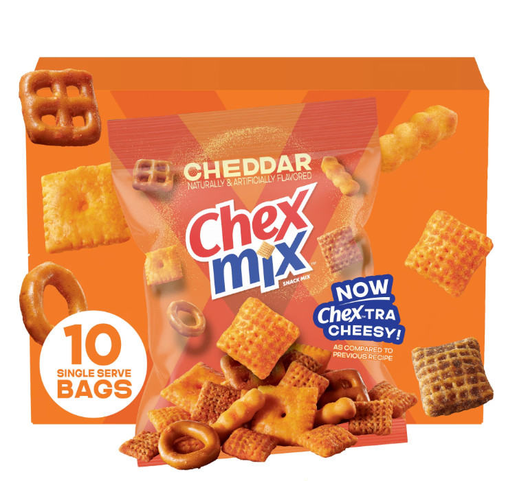 Chex Mix Cheddar Snack Mix, Single Serve Snack Bags, Multipack, 10 Count, 17.5 o