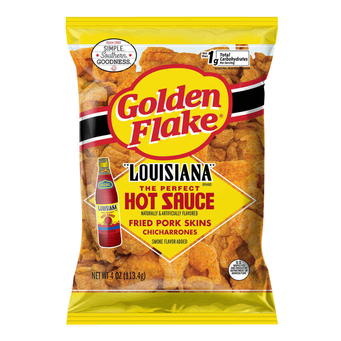 Golden Flake Pork Skins Louisiana Hot Sauce 4pk.