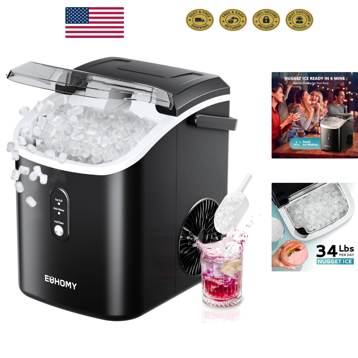 Compact Nugget Ice Maker – 34lbs Daily Capacity, Quiet, and Certified Safety