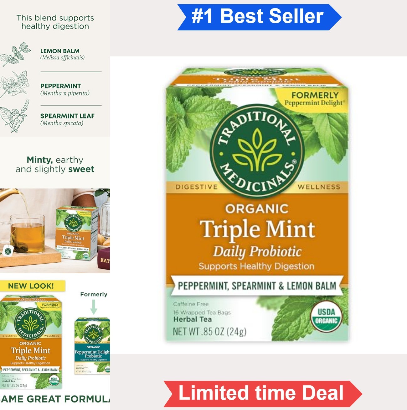 Organic Peppermint Herbal Tea 16 Bags Caffeine Free Digestive Support Kosher