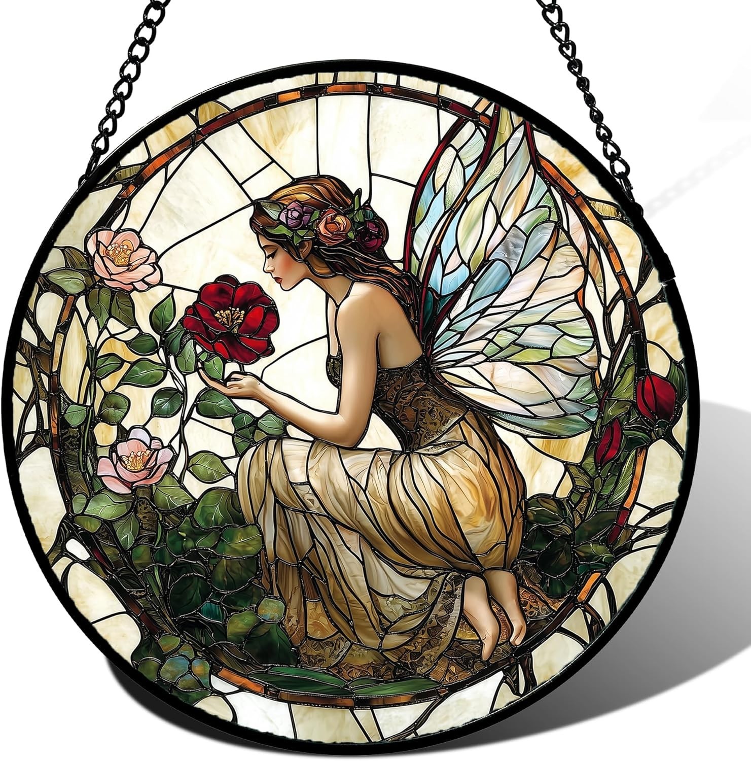 Colorful Butterfly Fairy Stained Glass Suncatcher – 9.8in Window Decor Piece