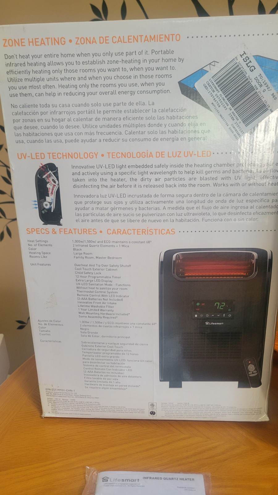 Lifesmart Infrared UV Wall Heater 1500W HT1153LUV timer w/remote- Boxed