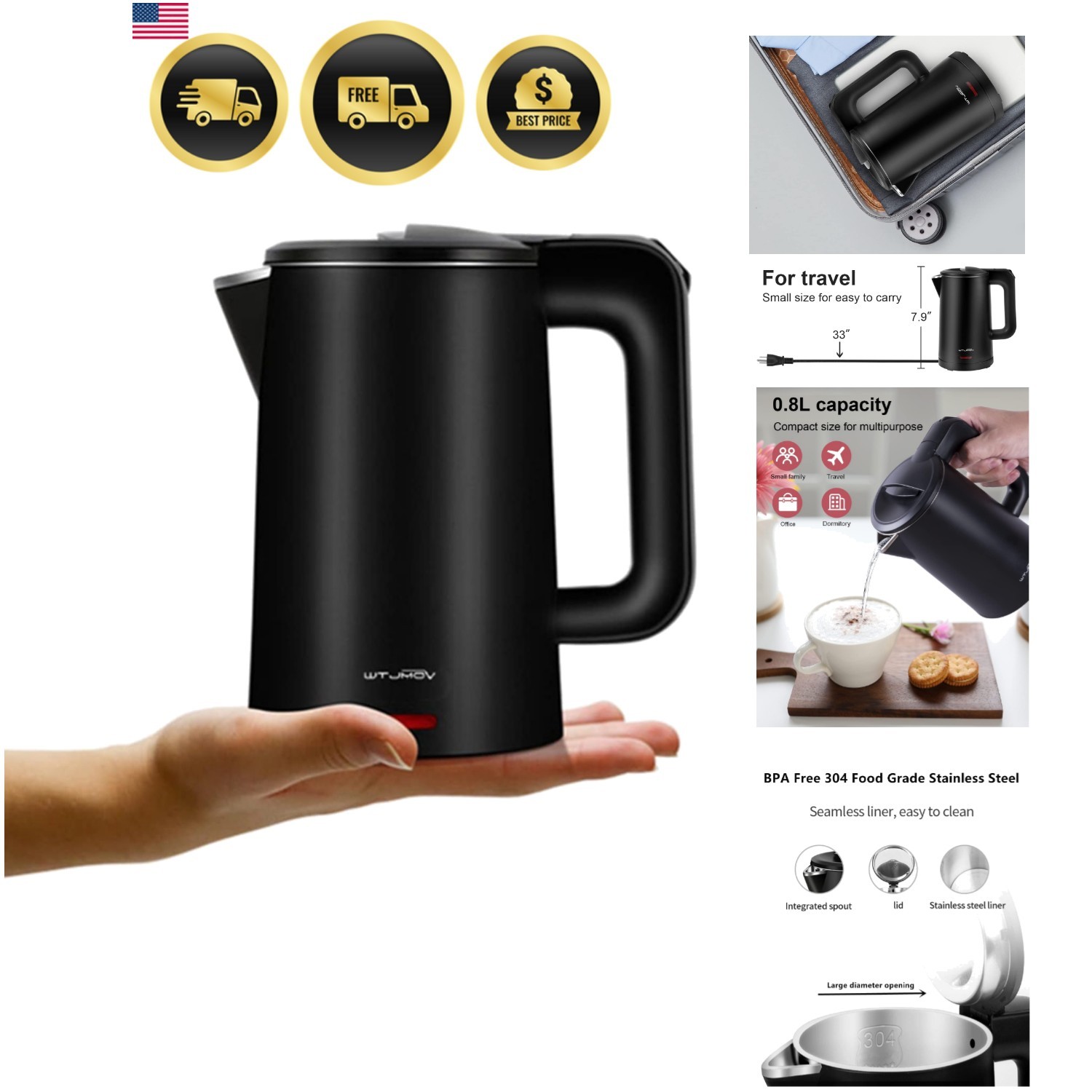 0.8L Electric Kettle Stainless Steel, 800 Watts Small Electric Kettle 27 Ounc…
