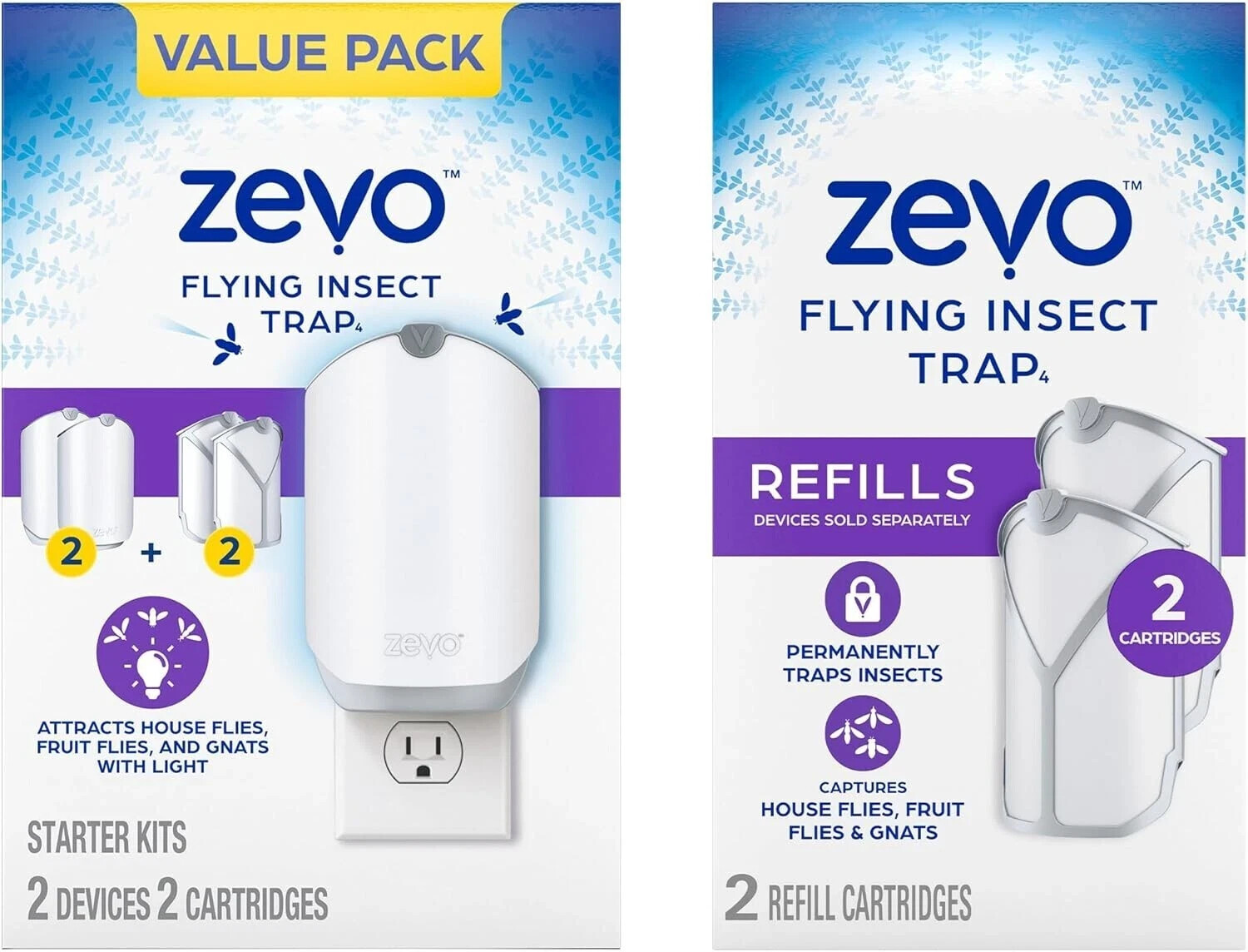 Zevo Flying Insect Trap (2 Plug-in Bases + 4 Cartridges) Featuring Blue UV Light