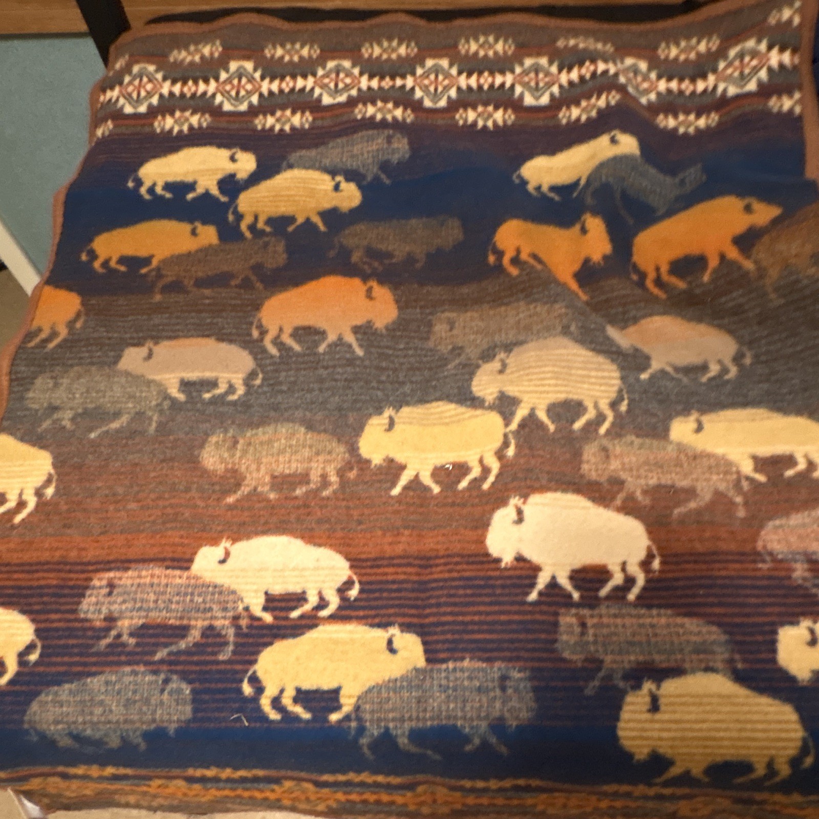 Southwestern Animal Print Bison Woven Throw Blanket Bordered Blue Brown White