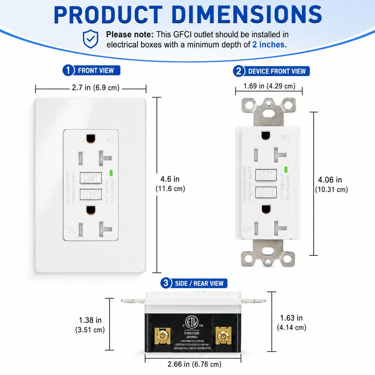 1PK GFCI GFI Outlet 20 Amp TR Weather Resistant with LED Indicator ETL Listed