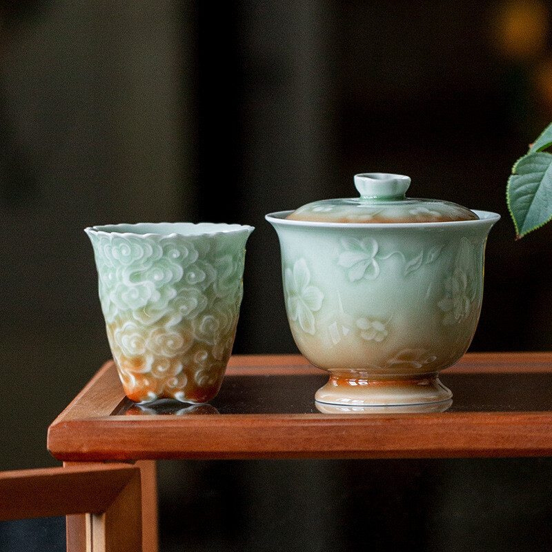 80ml Celadon Porcelain Relief Master Cup Handmade Creative Master Tea Cup China