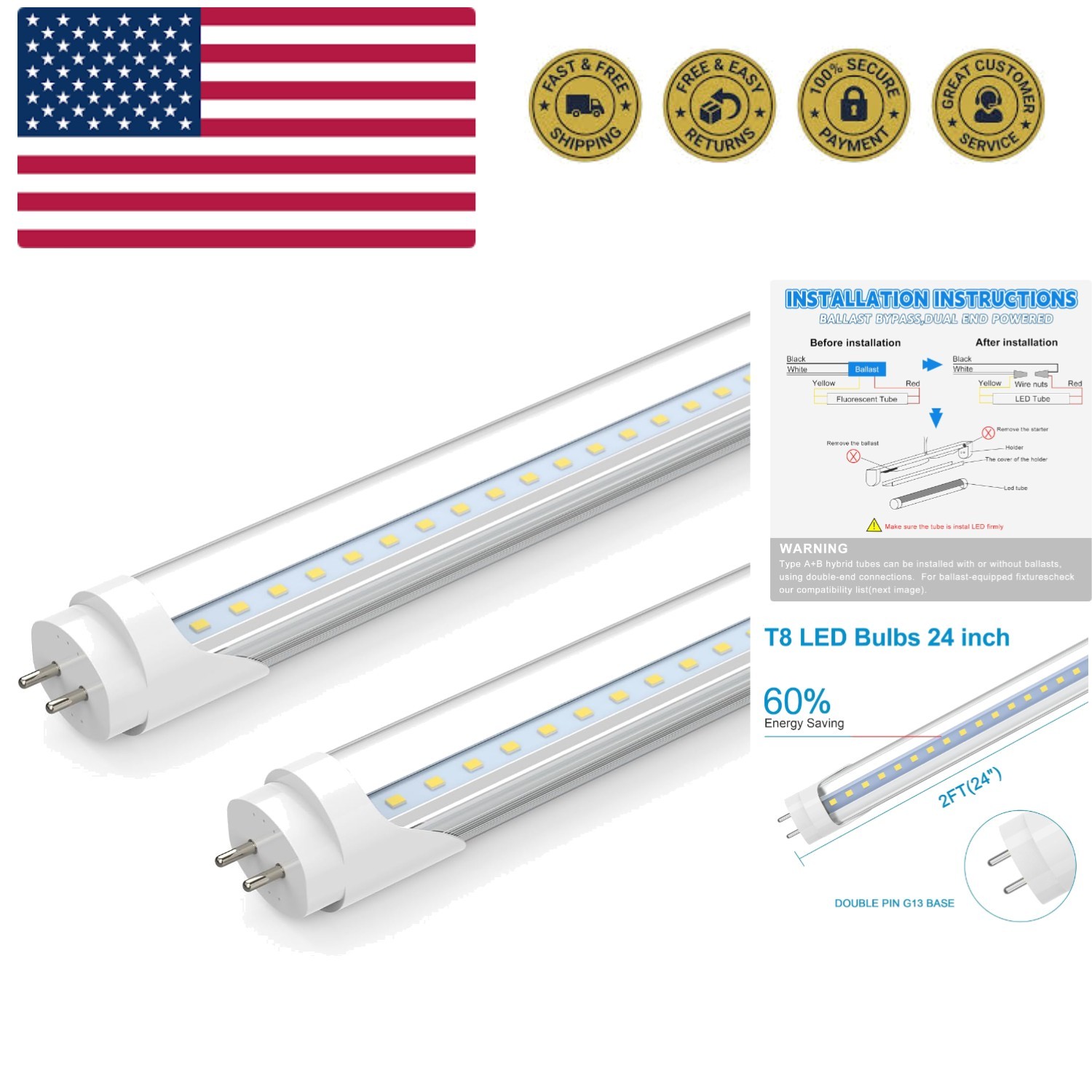24 Inch T8 LED Tube Light, 10W24W Equiv., 1120LM, 5000K Daylight, Type A+B Pl…