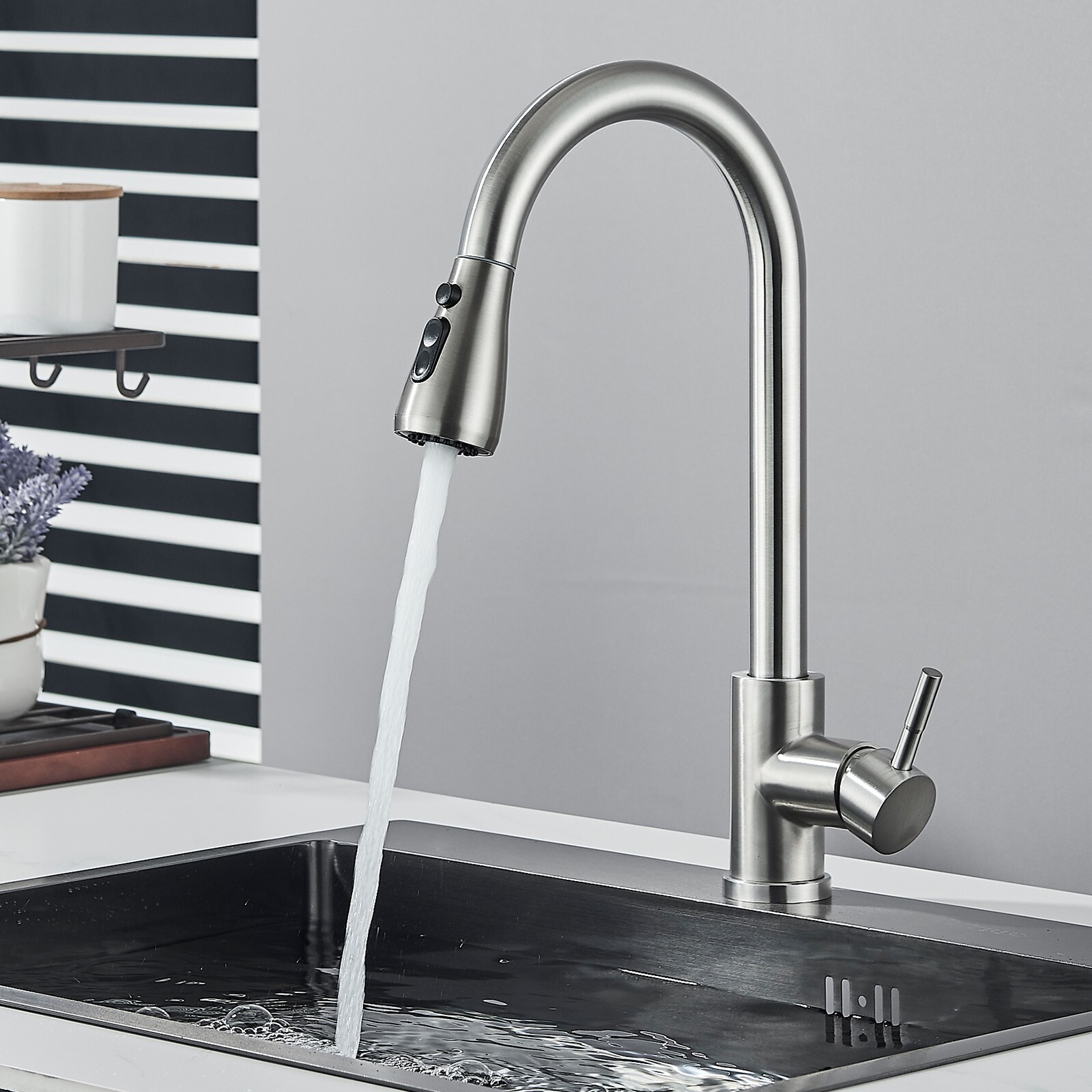 Brushed Nickel Kitchen Faucet Sink Mixer Faucet Pull Down Sprayer Single Handle