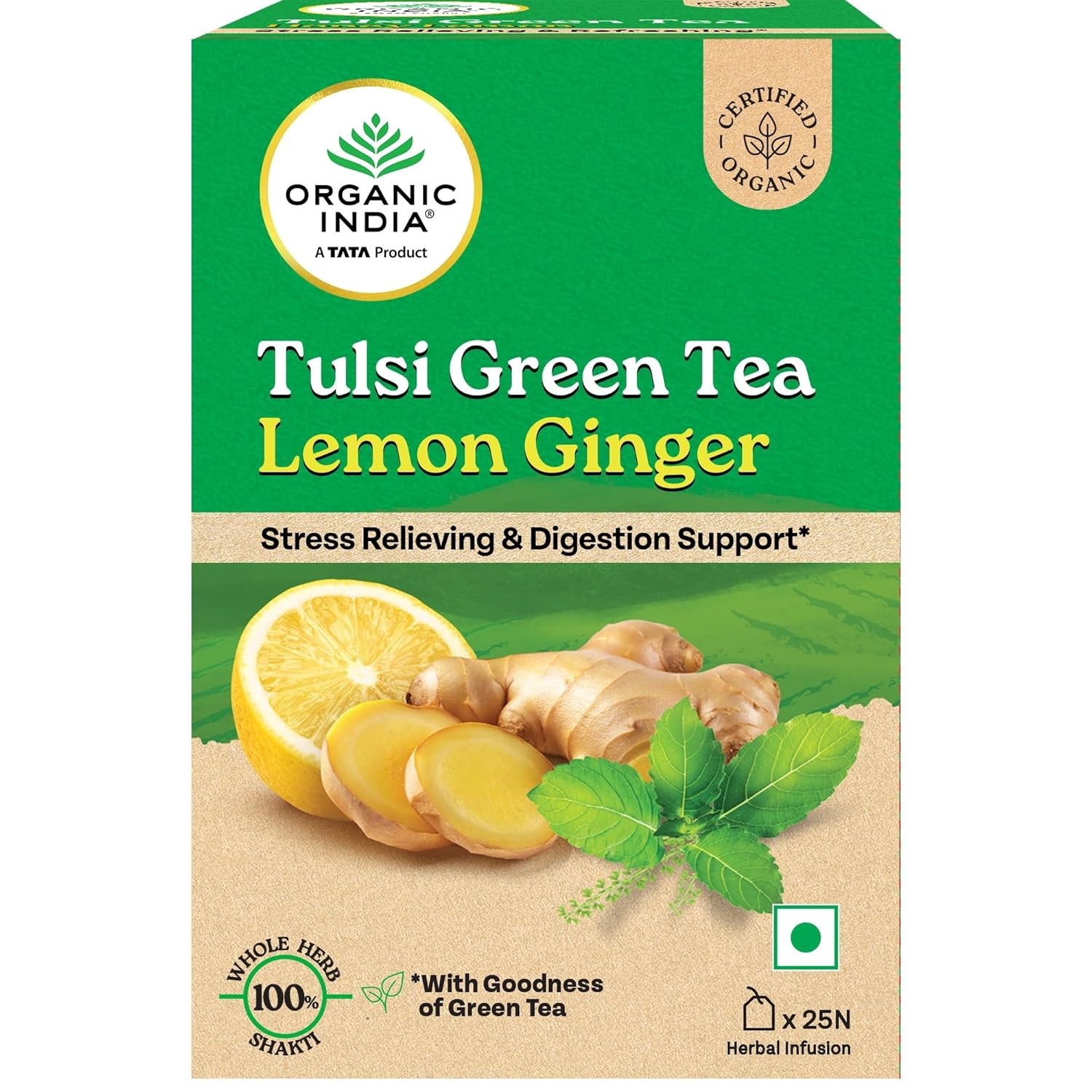 Organic India Tulsi Green Tea Lemon Ginger 25 Tea Bags | Supports Digestion