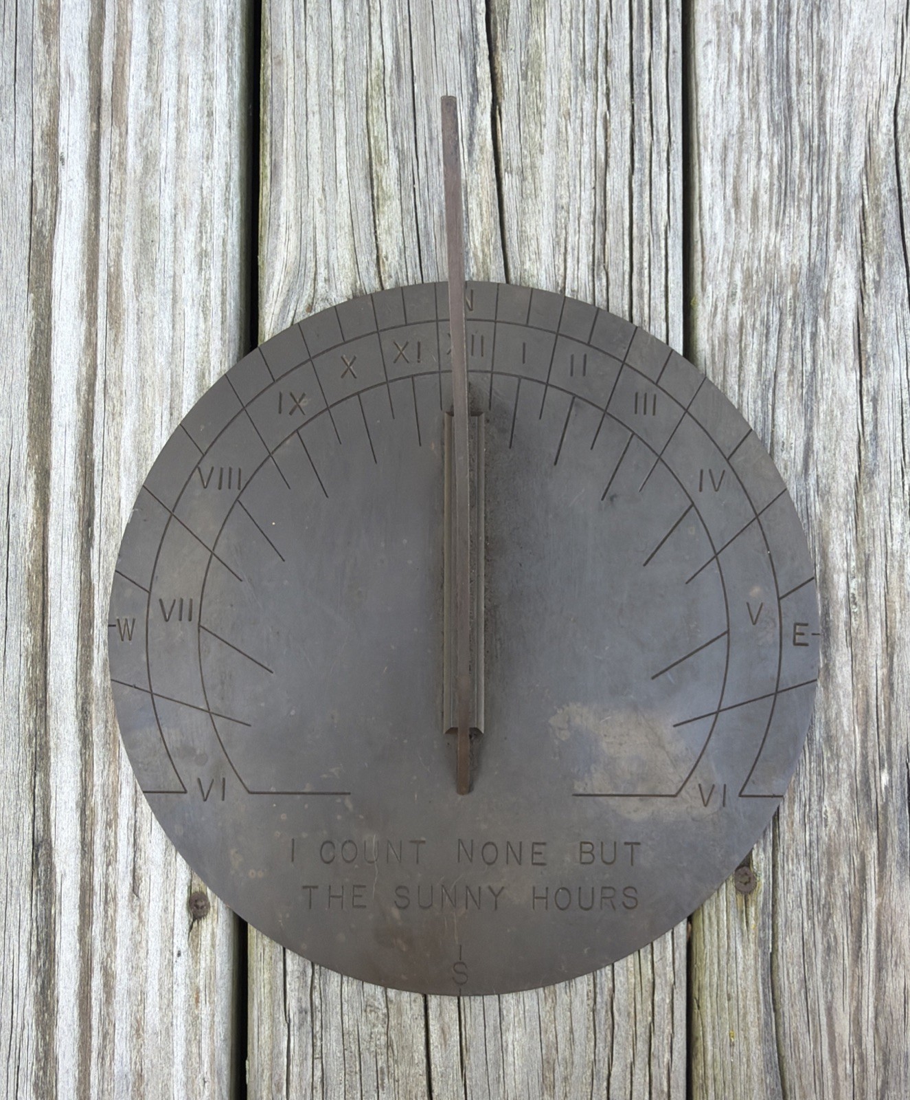 Vintage Antique Metal Sundial “I Count None But The Sunny Hours” 9″ Diameter